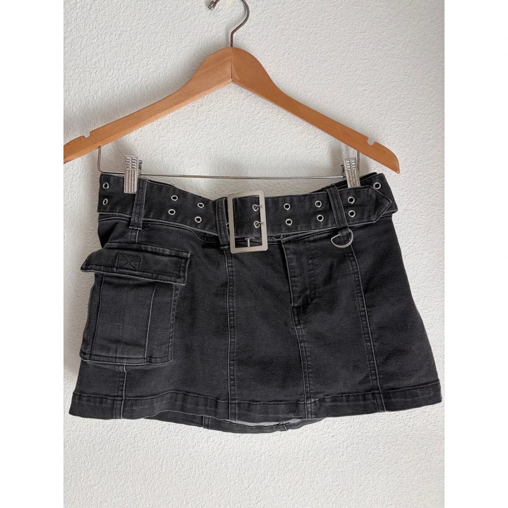 Urban‎ Outfitters Black Denim Cargo Mini Skirt with Belt and Utility Pocket